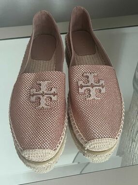 Tory Burch Rose Gold Crystal Logo Espadrille Flats